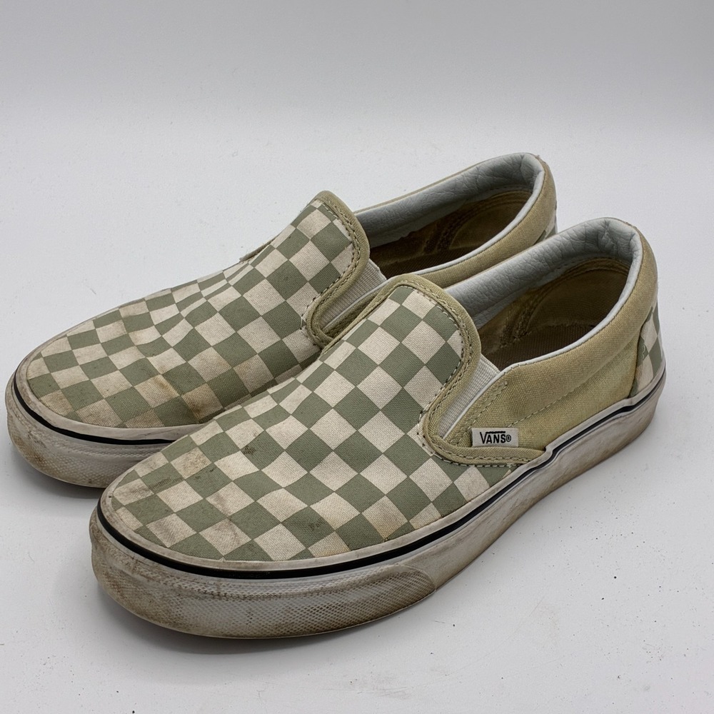 Vans Classic Slip On Checkerboard Sage Green Canvas Womens 7.5 Mens 6 Sneakers